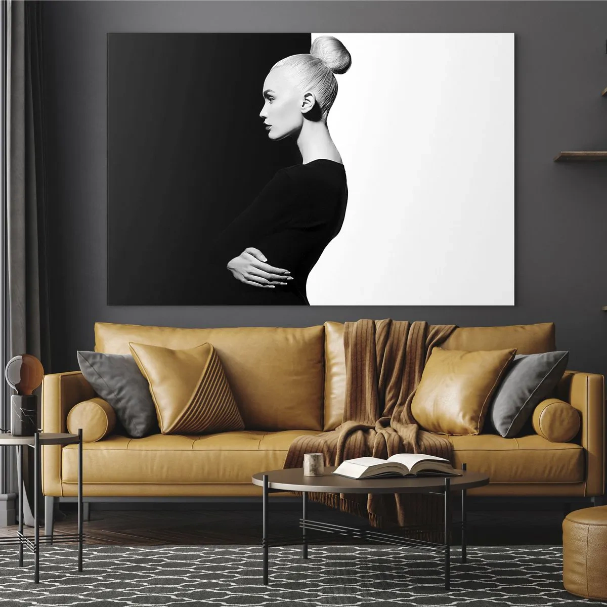 Quadro em vidro - Retrato em preto e branco de uma mulher com um coque elegante - 70x50cm - Simplesmente mulher - Decoração de parede moderna para a sala de estar e quarto ARTTOR