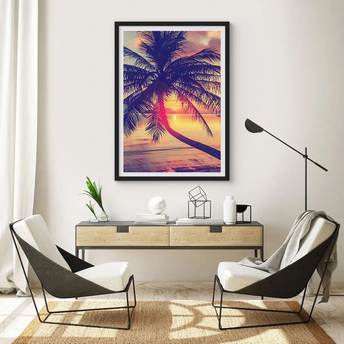 Pôster com moldura preta - Palmeira ao pôr do sol com vista para um mar calmo - 50x70cm - Uma noite sob as palmeiras - Decoração de parede moderna para a sala de estar e quarto ARTTOR