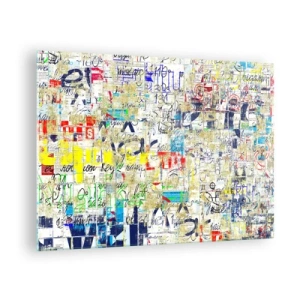 Quadro em vidro - Uma composição abstrata com mistura de cores e inscrições. - 70x50cm - Simplesmente agradável aos olhos - Decoração de parede moderna para a sala de estar e quarto ARTTOR