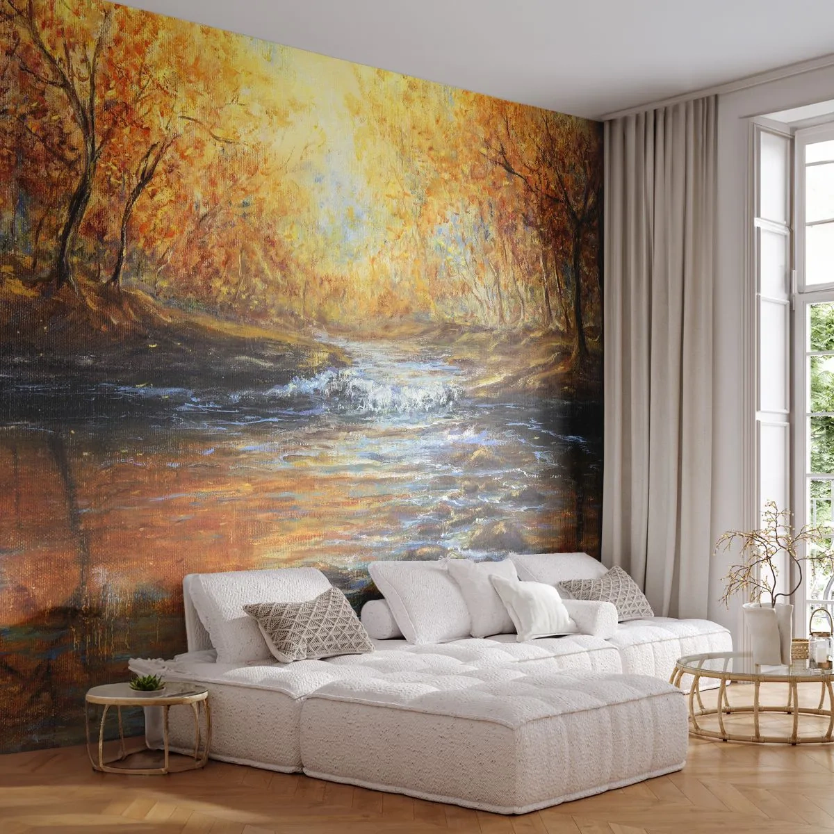 Papel de Parede Premium Sand - Riacho Dourado - Paisagem, córrego da montanha, Floresta - 100x70 cm
