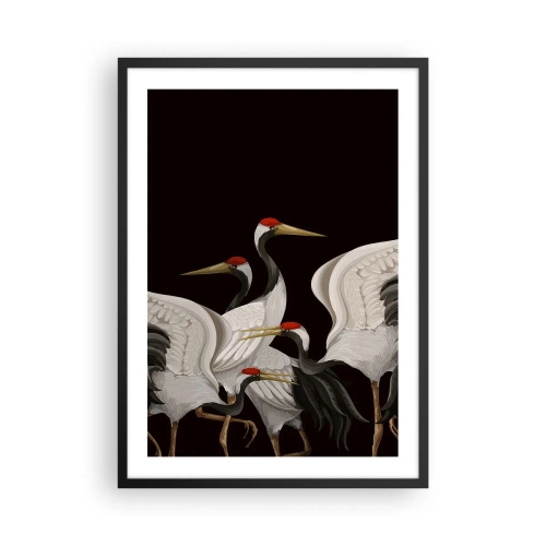 Pôster com moldura preta - Guindastes elegantes em um fundo escuro em estilo oriental - 50x70cm - Assuntos de aves - Decoração de parede moderna para a sala de estar e quarto ARTTOR