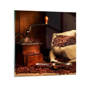 Quadro em vidro - Natureza morta com grãos de café e moedor - 60x60 cm