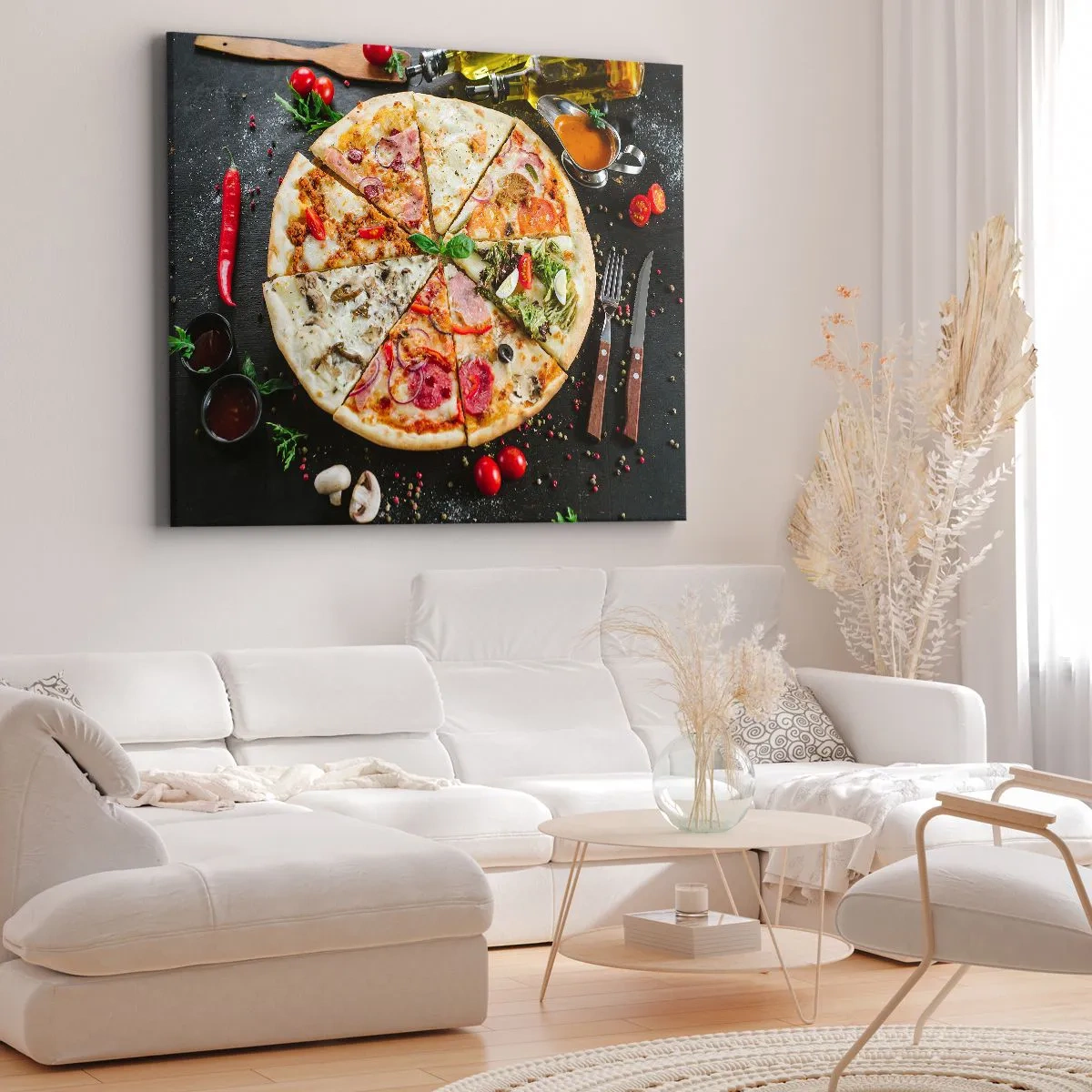 Quadro em tela - Pizza de vários sabores com fundo de coberturas - 70x50cm - Gama de sabores - Decoração de parede moderna para a sala de estar e quarto ARTTOR