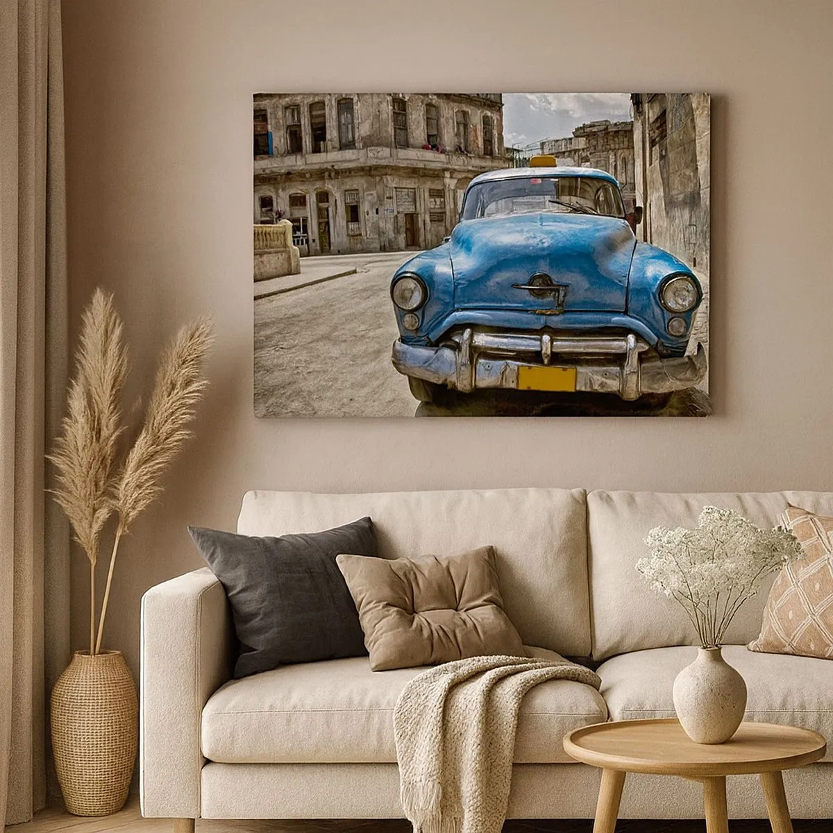 Quadro em tela - Um velho carro azul na rua em estilo retrô - 70x50cm - O antigo é lindo - Decoração de parede moderna para a sala de estar e quarto ARTTOR
