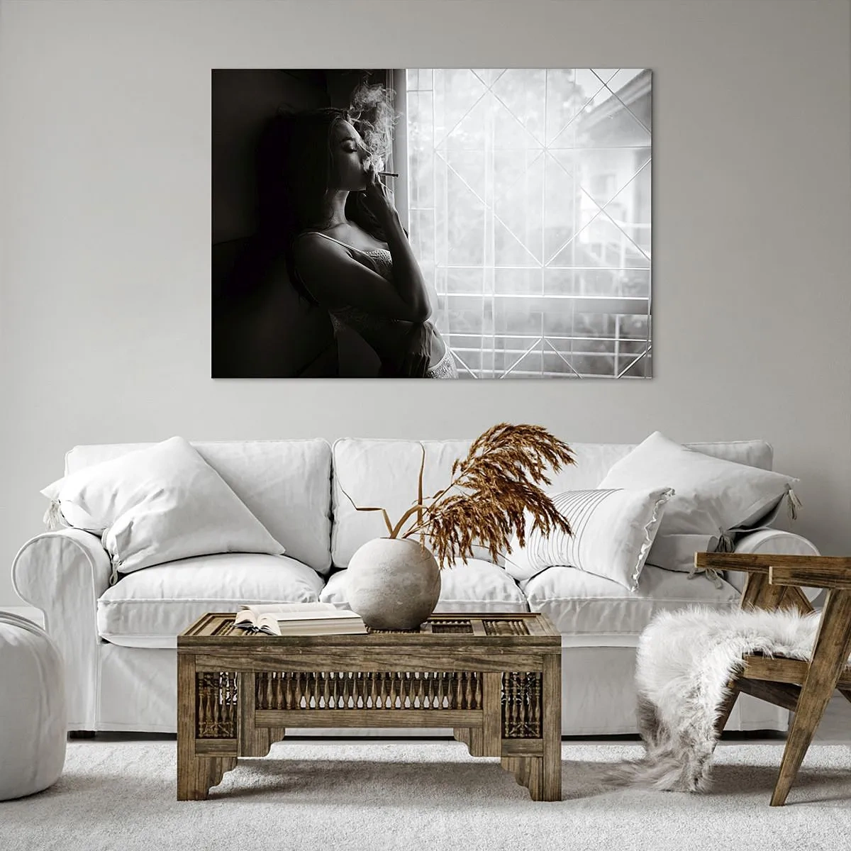 Quadro em tela - Uma mulher em pose sensual em uma fotografia em preto e branco - 70x50cm - Um momento sensual - Decoração de parede moderna para a sala de estar e quarto ARTTOR