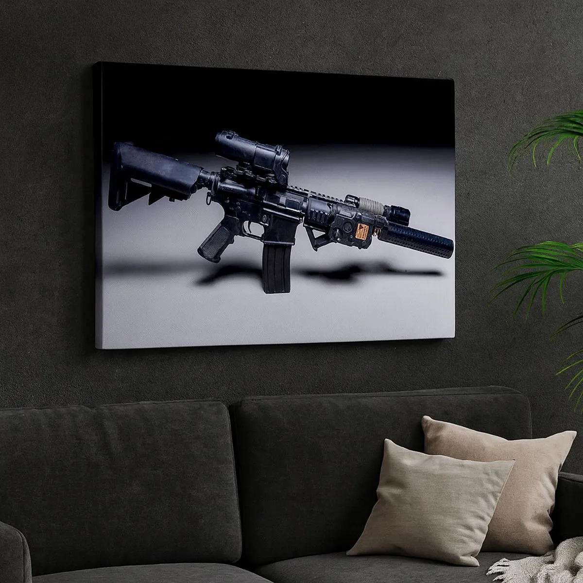 Quadro em tela - Um rifle moderno em preto sobre um fundo escuro - 70x50cm - O Cavaleiro das Trevas - Decoração de parede moderna para a sala de estar e quarto ARTTOR