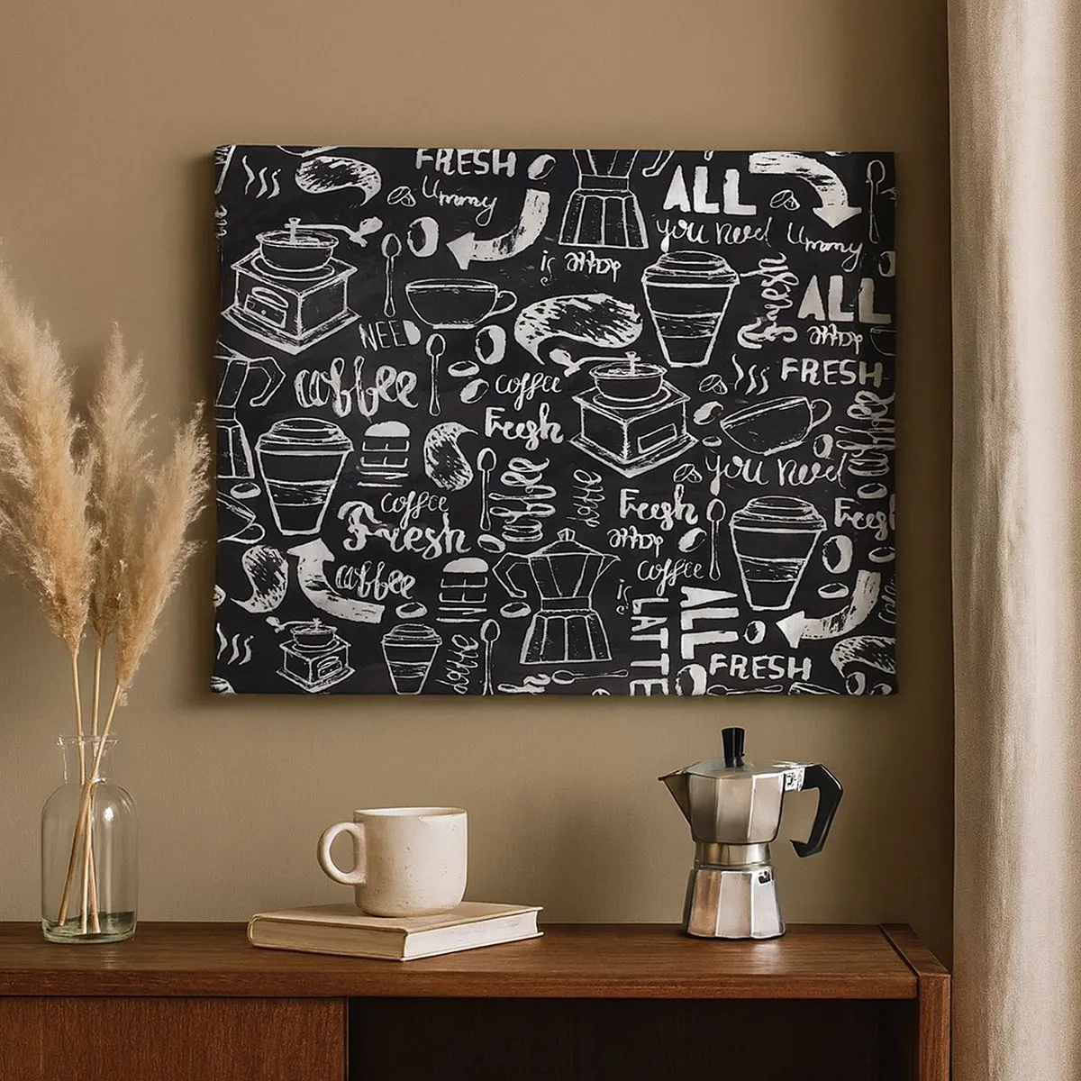 Quadro em tela - Gráficos elegantes de café em um fundo preto - 70x50cm - Tudo o que precisa é... - Decoração de parede moderna para a sala de estar e quarto ARTTOR