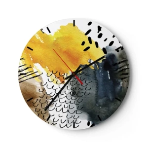 Relógio de parede - Relógio em vidro - Padrão abstrato em amarelo, azul marinho e preto - 30x30cm - Reunião dos elementos da natureza - Decoração de parede moderna para a sala de estar, cozinha e quarto ARTTOR