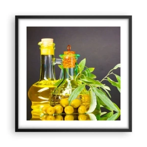 Pôster com moldura preta - Natureza morta com azeitonas e azeite - 50x50 cm