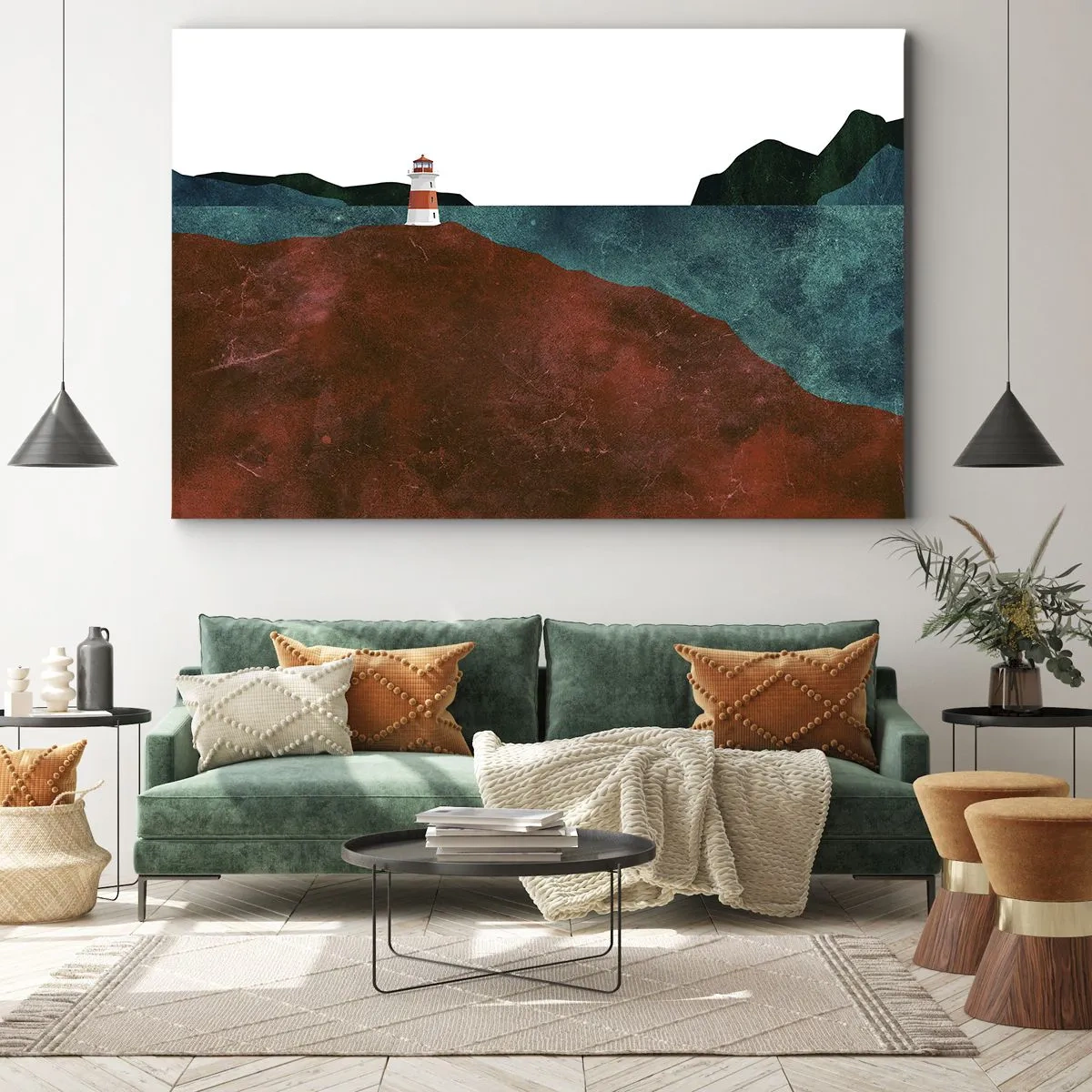 Quadro em tela - Um farol com o cenário de montanhas e mar - 70x50cm - Olhando para o mar - Decoração de parede moderna para a sala de estar e quarto ARTTOR