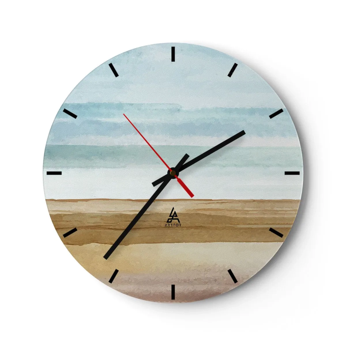 Relógio de parede - Relógio em vidro - Uma paisagem delicada com praia e céu azul - 30x30cm - Serenidade - Decoração de parede moderna para a sala de estar, cozinha e quarto ARTTOR
