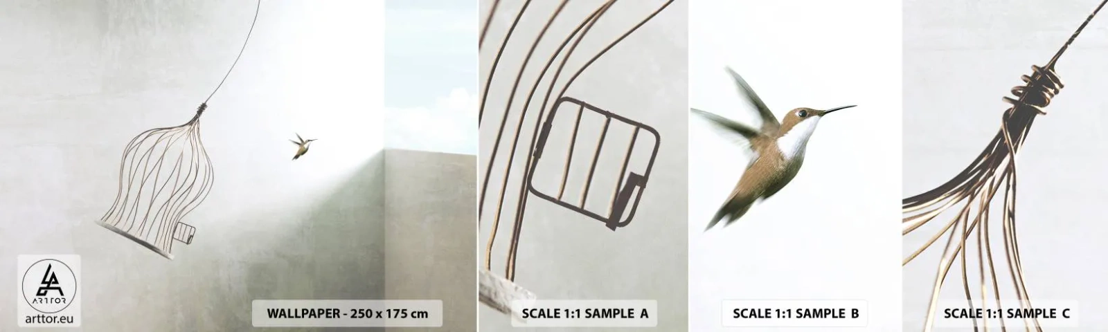 Amostra de Papel de Parede Standard Eco - Enfim a liberdade - Abstração, Pássaro, Gaiola - 100x30 cm