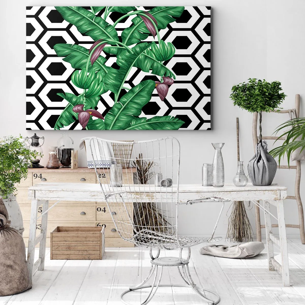 Quadro em tela - Folhas tropicais em um fundo geométrico - 70x50cm - Composição simétrica por natureza - Decoração de parede moderna para a sala de estar e quarto ARTTOR