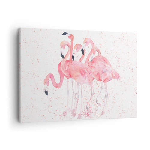 Quadro em tela - Flamingos cor de rosa em estilo artístico de aquarela - 70x50cm - Conjunto cor-de-rosa - Decoração de parede moderna para a sala de estar e quarto ARTTOR