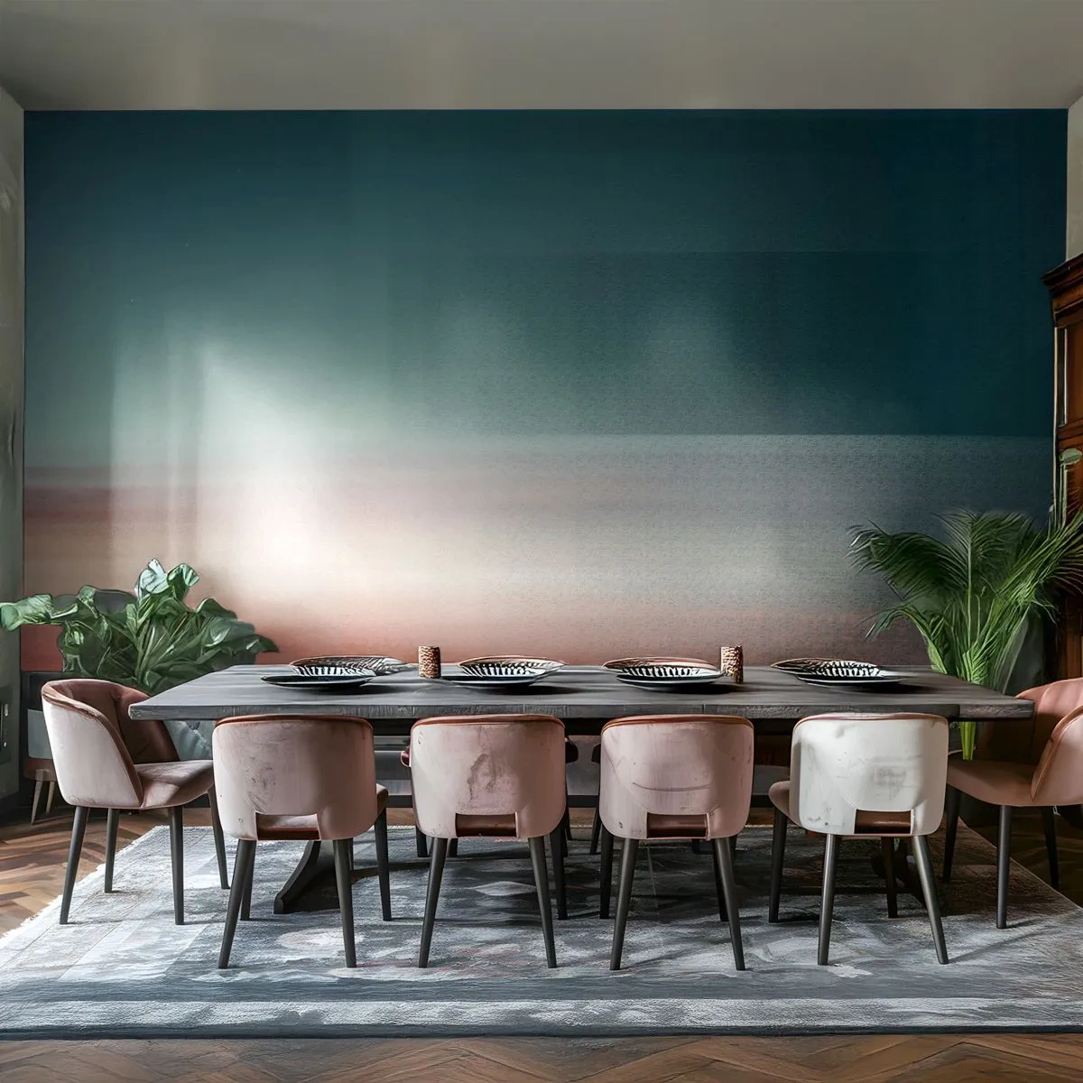 Papel de Parede Standard Eco - Pôr do sol com ondas de luz e efeito de gradientes - 100x70cm - Resumo: ondas de luz - Decoração de parede moderna para a sala de estar e quarto ARTTOR