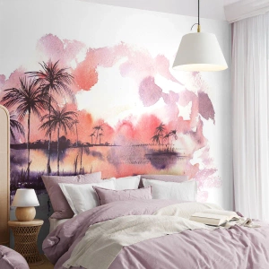 Papel de Parede Autocolante Deluxe Sticker - A tranquilidade dos trópicos em vermelho - Paisagem, Coqueiro, Gráficos - 450x315 cm
