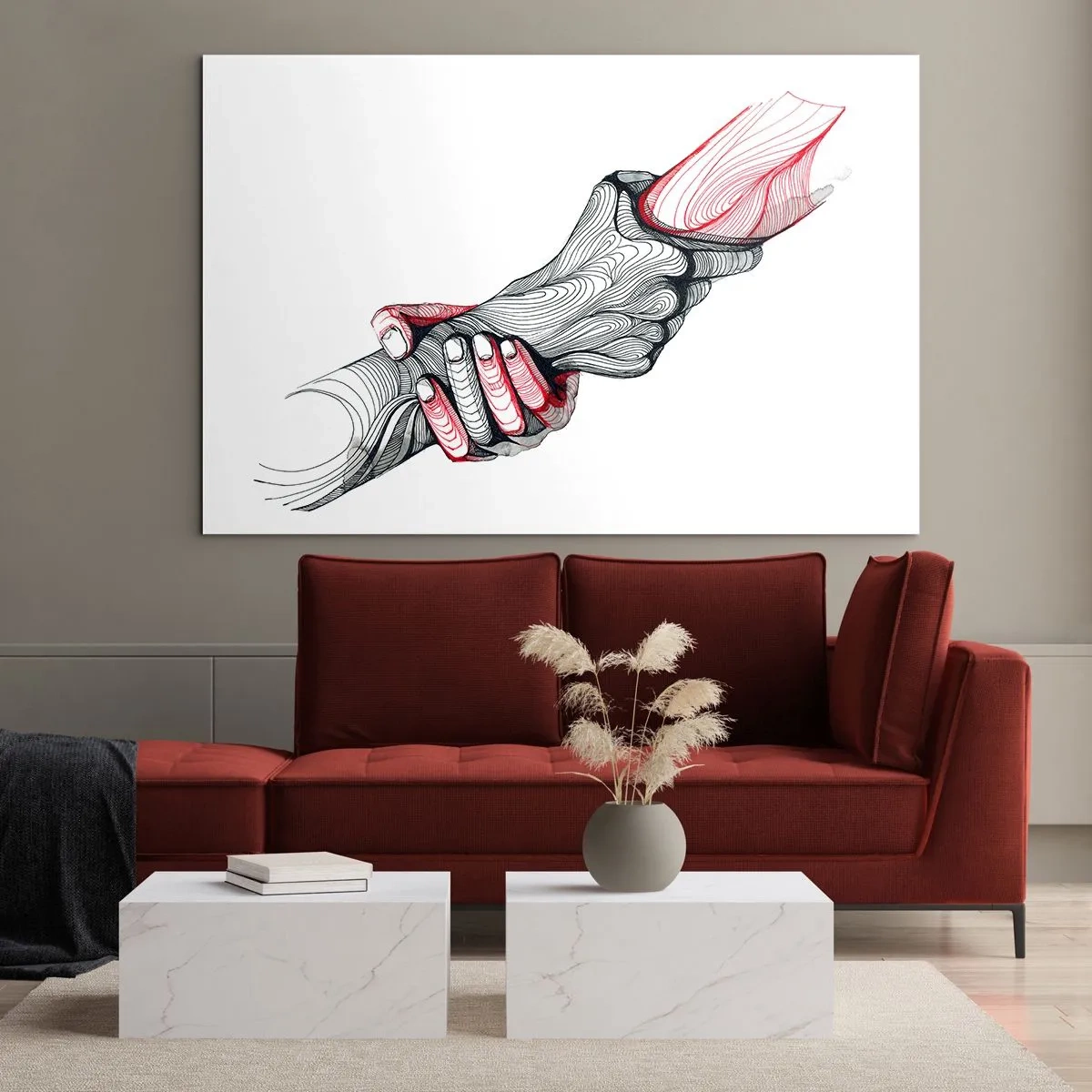 Quadro em vidro - Desenho abstrato de duas mãos em um aperto de mão - 70x50cm - Está em boas mãos - Decoração de parede moderna para a sala de estar e quarto ARTTOR