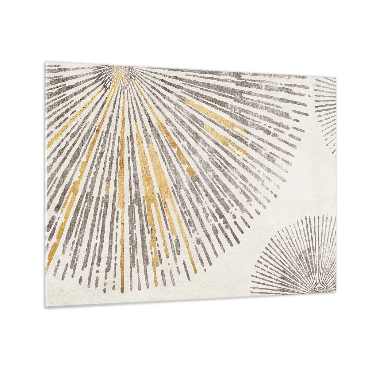 Quadro em vidro - Linhas radiais em tons de dourado e cinza sobre fundo claro - 70x50cm - A beleza do raio - Decoração de parede moderna para a sala de estar e quarto ARTTOR