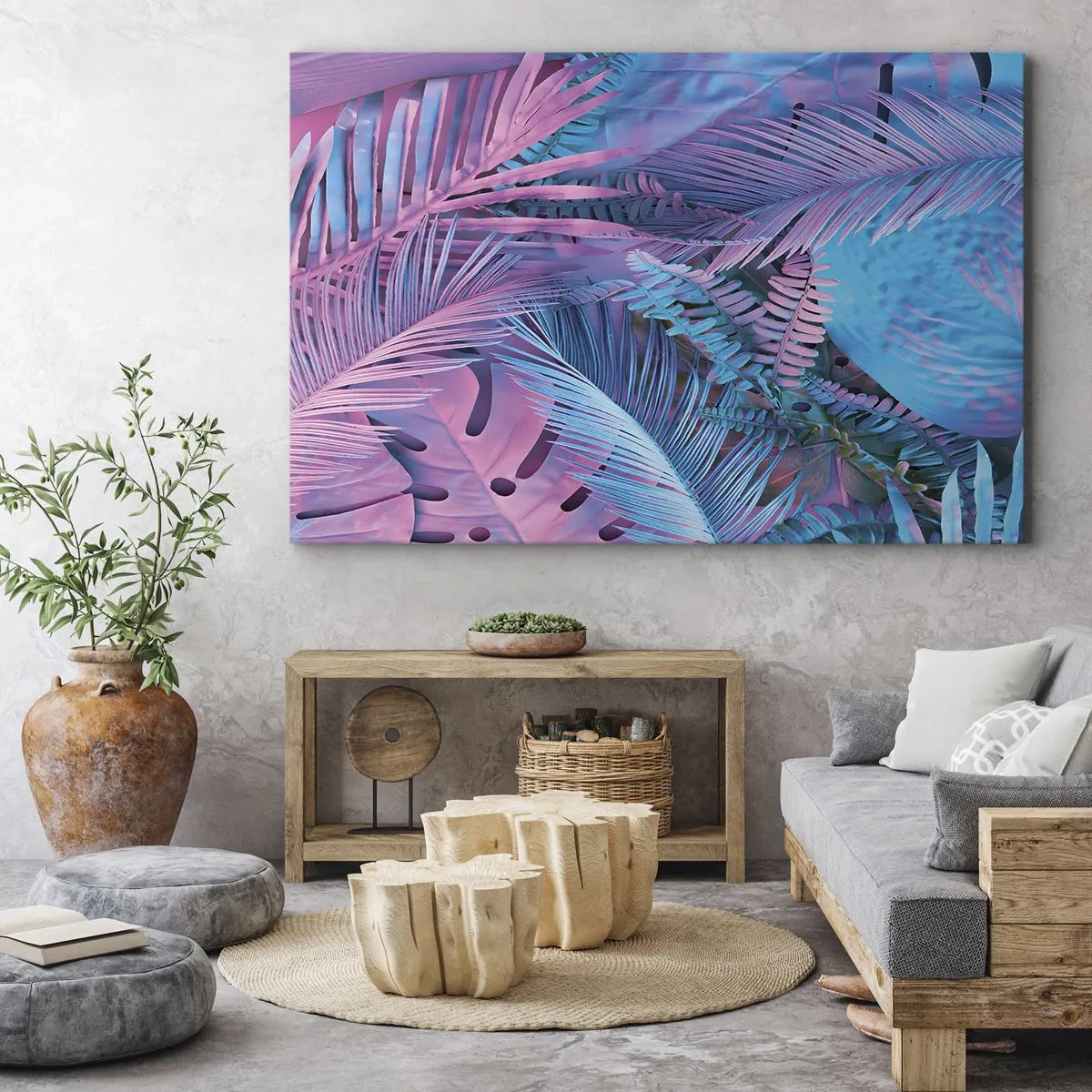Quadro em tela - Folhas tropicais em tons de rosa e azul - 70x50cm - Trópicos em rosa e azul - Decoração de parede moderna para a sala de estar e quarto ARTTOR