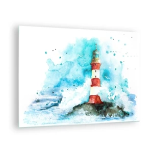 Quadro em vidro - Um farol cercado por ondas do mar em estilo aquarela - 70x50cm - Unidade dos elementos da natureza - Decoração de parede moderna para a sala de estar e quarto ARTTOR