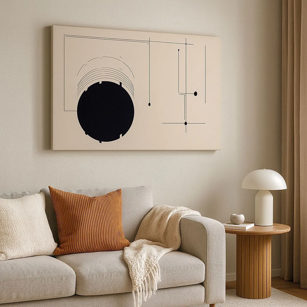 Quadro em tela - Linhas geométricas pretas e um círculo em um fundo bege - 70x50cm - Composição flexível e dinâmica - Decoração de parede moderna para a sala de estar e quarto ARTTOR