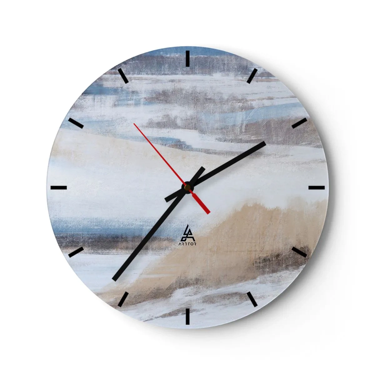 Relógio de parede - Relógio em vidro - Paisagem de inverno em tons de azul, bege e branco - 30x30cm - Composição de inverno - Decoração de parede moderna para a sala de estar, cozinha e quarto ARTTOR