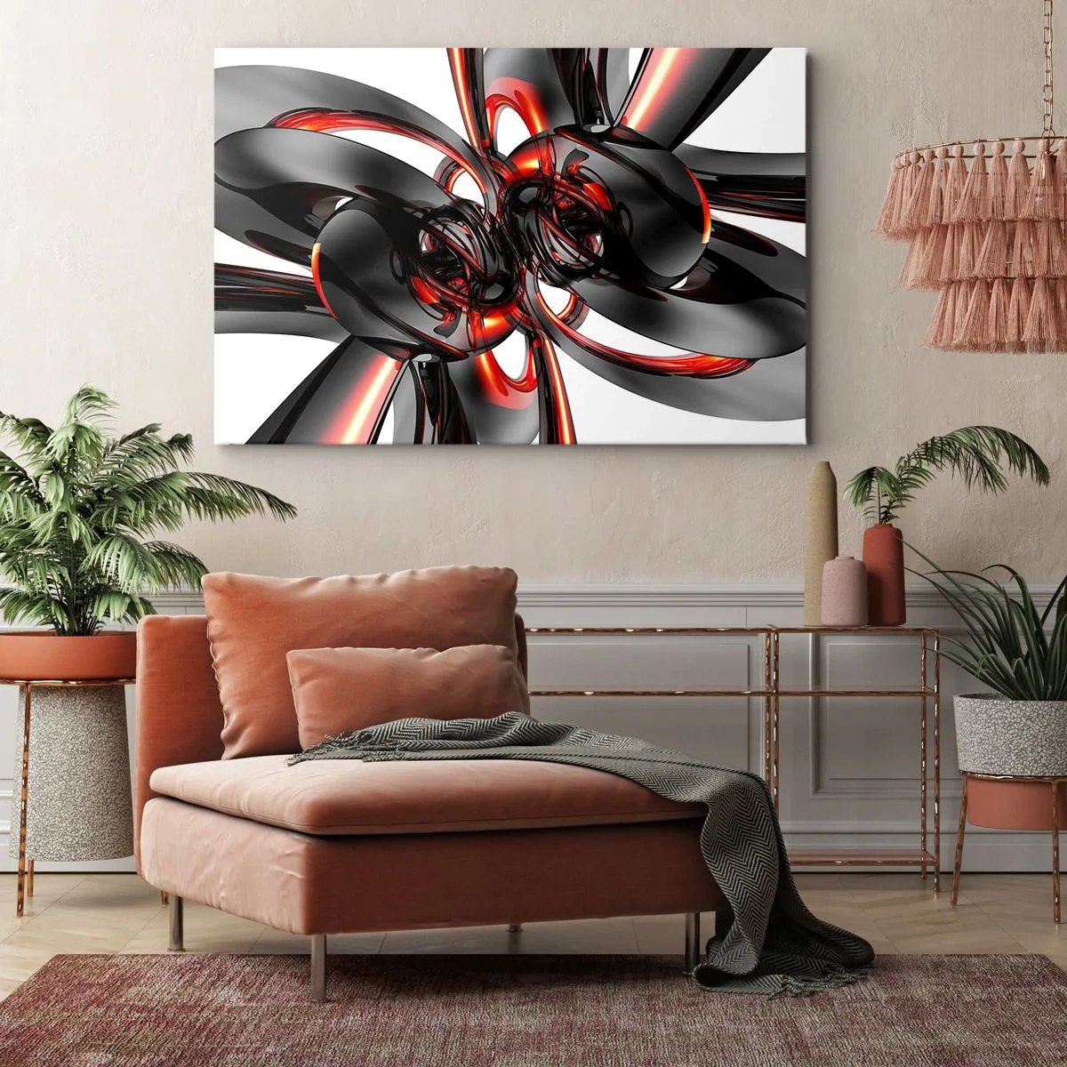 Quadro em tela - Gráficos 3D abstratos com elementos pretos e vermelhos - 70x50cm - Movimento em grafite e vermelho - Decoração de parede moderna para a sala de estar e quarto ARTTOR