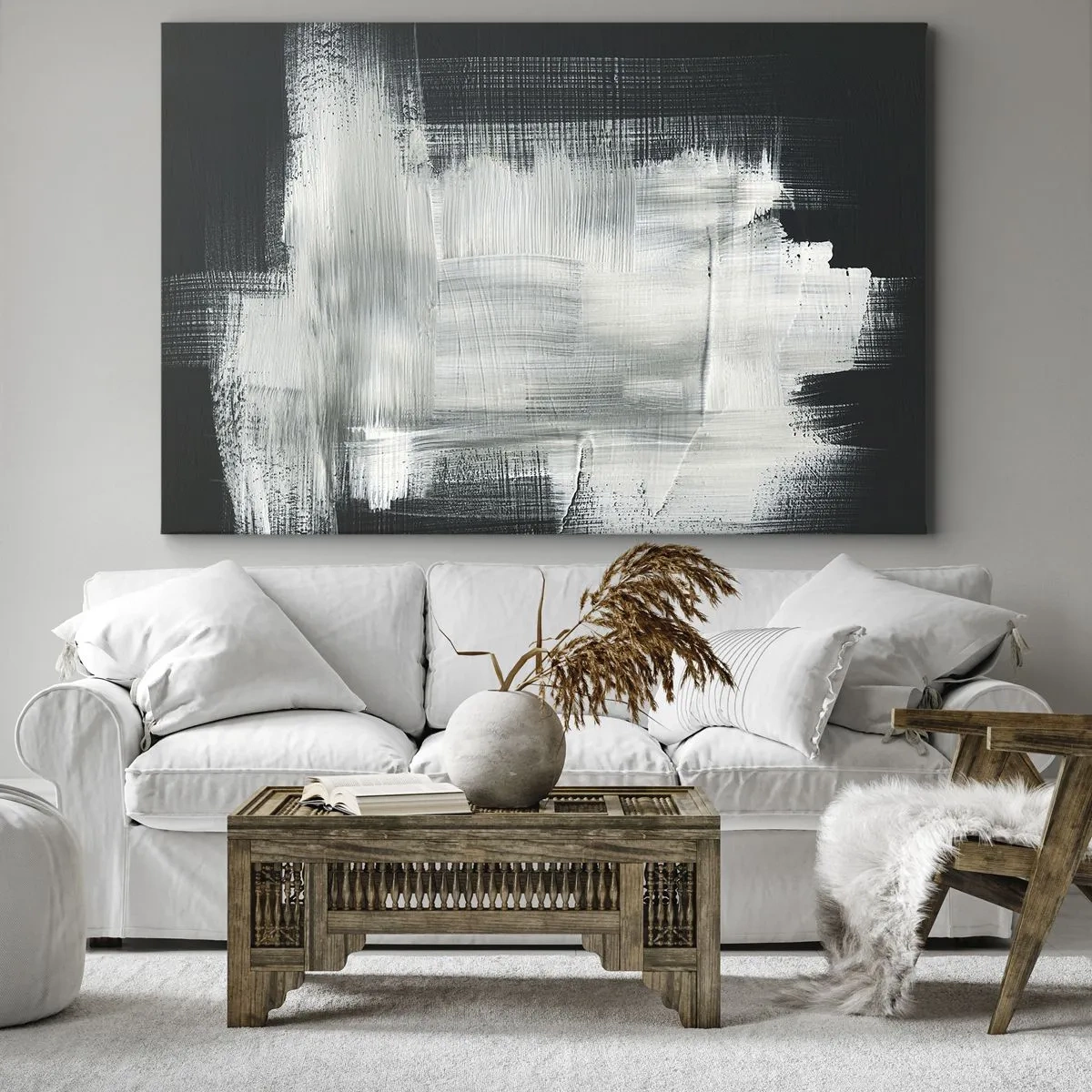 Quadro em tela - Traços abstratos brancos em um fundo escuro - 70x50cm - Entrelaçado na vertical e horizontal - Decoração de parede moderna para a sala de estar e quarto ARTTOR