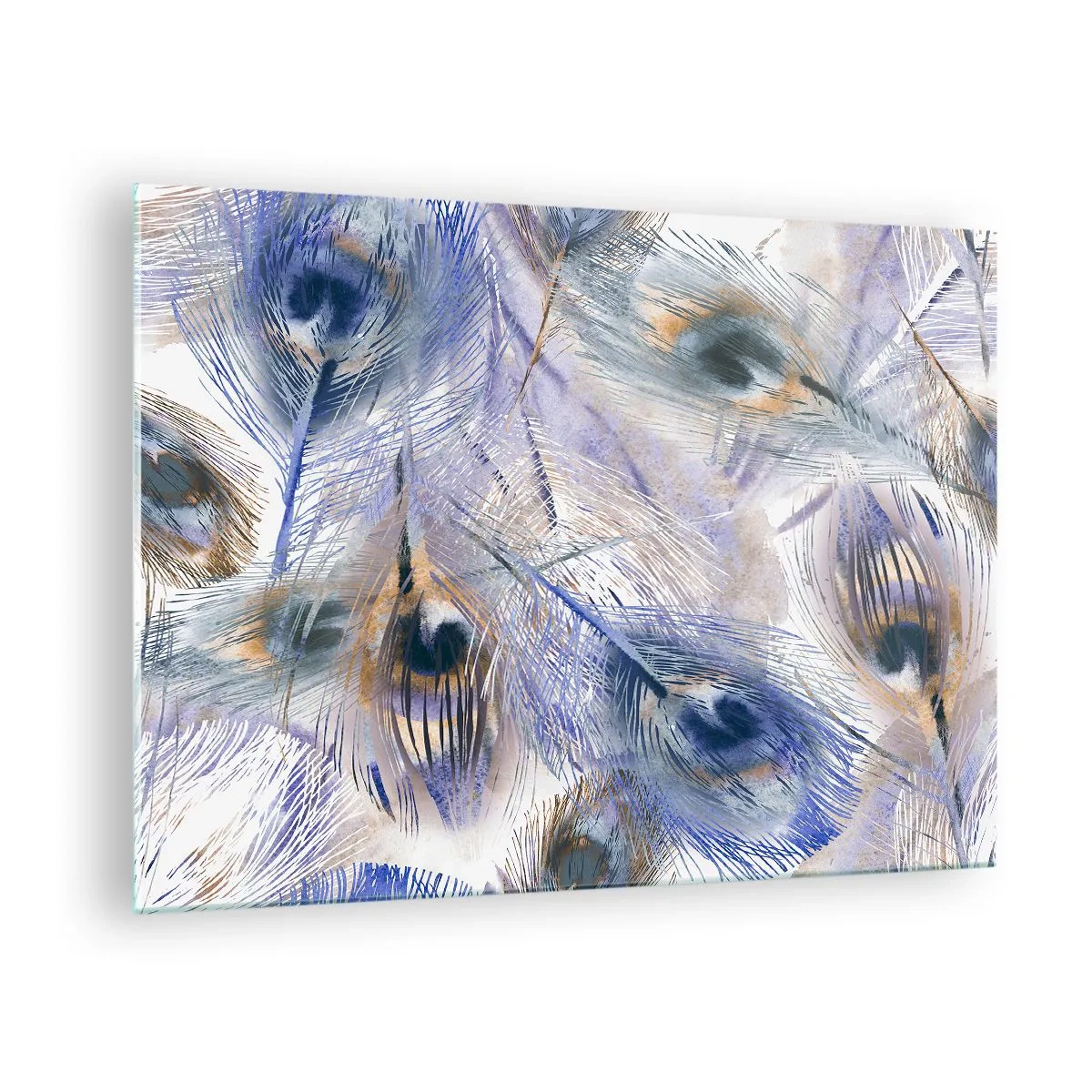 Quadro em vidro - Delicadas penas de pavão em tons de azul e marrom - 70x50cm - Composição do pavão - Decoração de parede moderna para a sala de estar e quarto ARTTOR