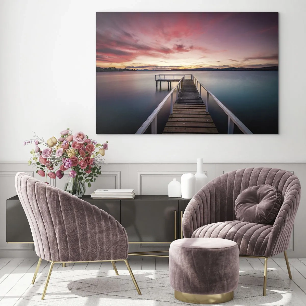 Quadro em vidro - Píer à beira do lago ao pôr do sol com céu rosa - 70x50cm - A chama suave da noite - Decoração de parede moderna para a sala de estar e quarto ARTTOR