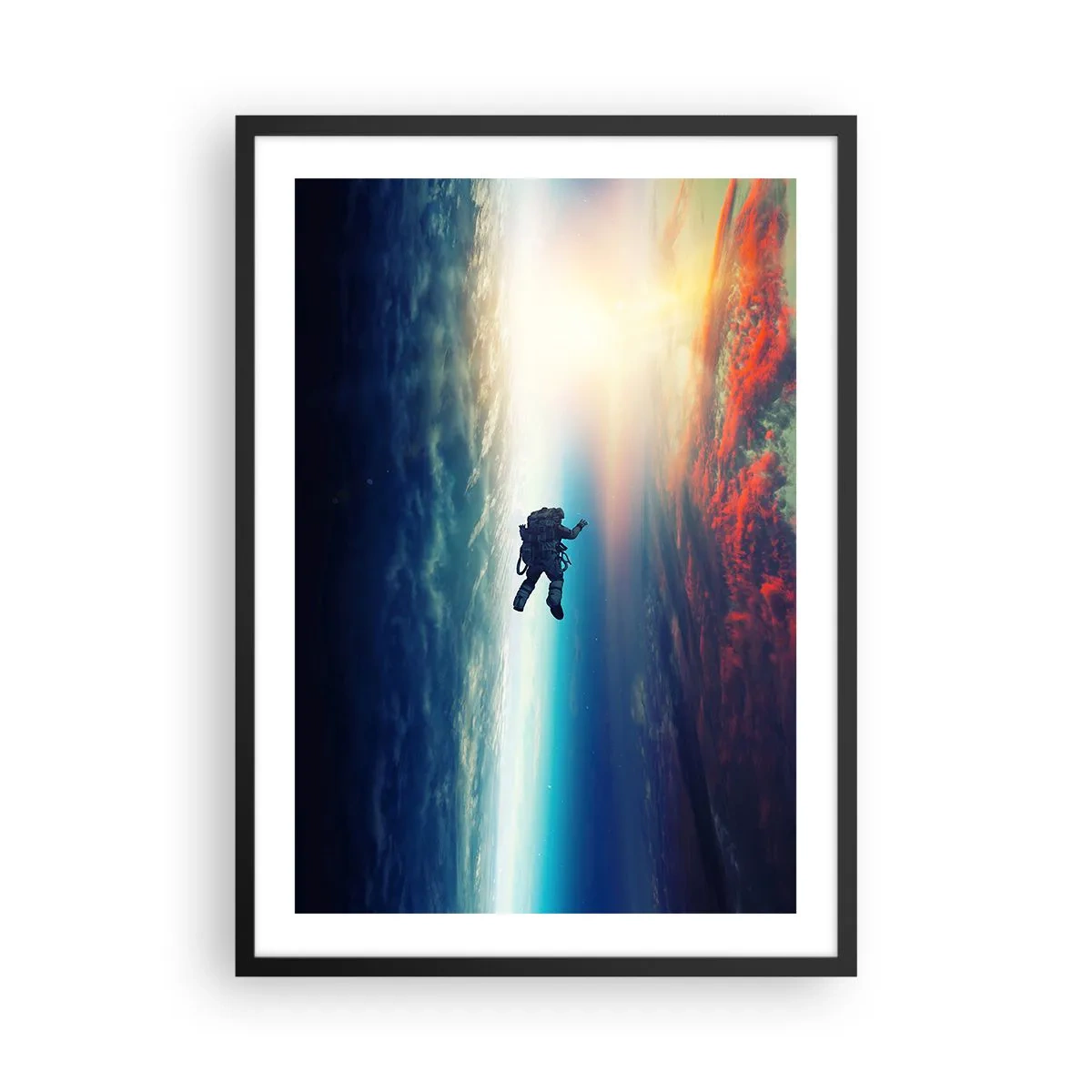 Pôster com moldura preta - Astronauta no espaço com a Terra e o Sol ao fundo - 50x70cm - Enfrentando o universo - Decoração de parede moderna para a sala de estar e quarto ARTTOR