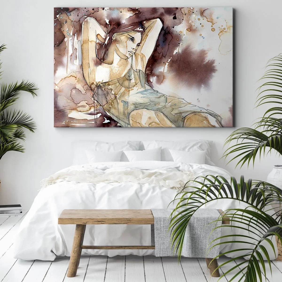 Quadro em tela - Mulher em estilo artístico de aquarela com fundo marrom - 70x50cm - Em lilás - Decoração de parede moderna para a sala de estar e quarto ARTTOR