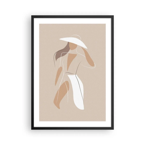 Pôster com moldura preta - Uma silhueta minimalista de uma mulher de chapéu em um fundo bege. - 50x70cm - A moda é diversão - Decoração de parede moderna para a sala de estar e quarto ARTTOR
