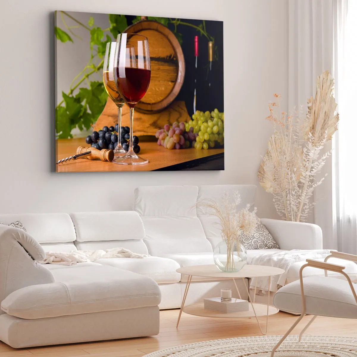 Quadro em tela - Taças de vinho com uvas, um barril e garrafas sobre uma mesa de madeira - 70x50cm - Como com os antigos mestres - Decoração de parede moderna para a sala de estar e quarto ARTTOR