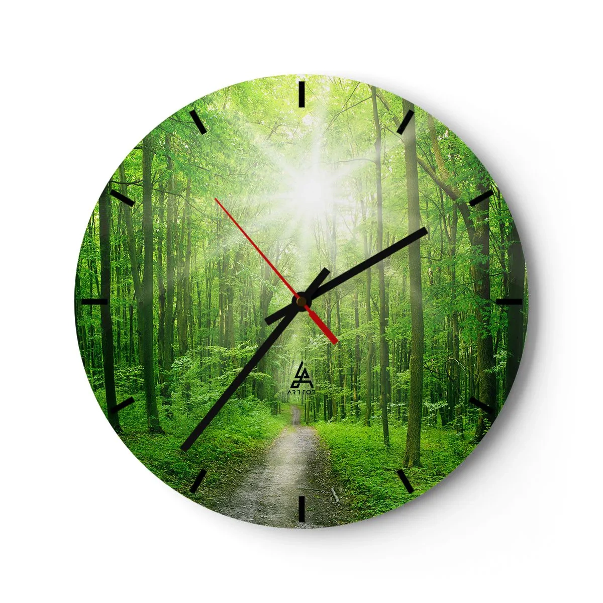 Relógio de parede - Relógio em vidro - Um caminho na floresta iluminado pelos raios do sol - 30x30cm - Catedral Verde - Decoração de parede moderna para a sala de estar, cozinha e quarto ARTTOR