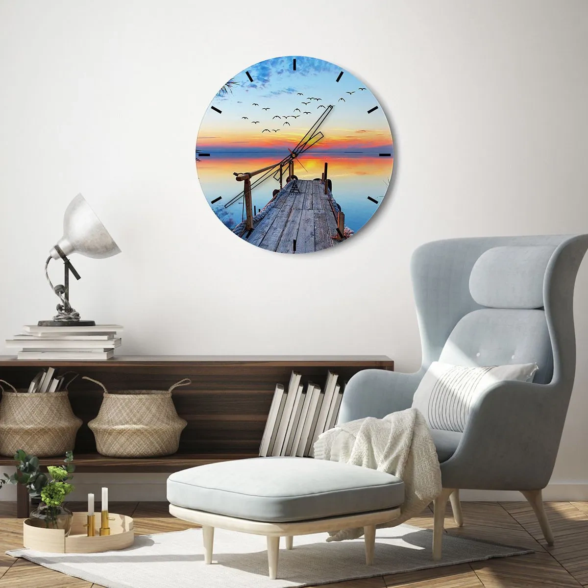 Relógio de parede - Relógio em vidro - Um píer no lago sob os raios do sol poente - 30x30cm - É hora de voltar... - Decoração de parede moderna para a sala de estar, cozinha e quarto ARTTOR