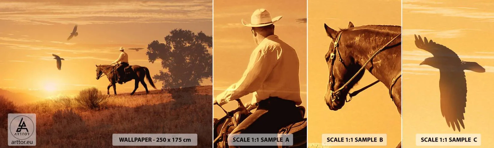 Amostra de Papel de Parede Standard Eco - Sozinho em toda a pradaria - Cavalo, Vaqueiro, Paisagem - 100x30 cm