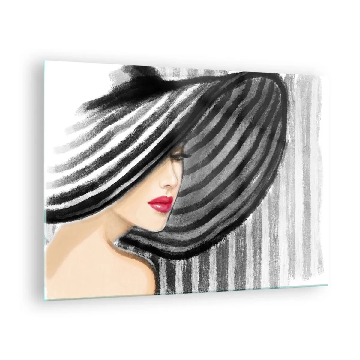 Quadro em vidro - Mulher estilosa com um chapéu listrado preto e branco - 70x50cm - Onde encontrar-te? - Decoração de parede moderna para a sala de estar e quarto ARTTOR