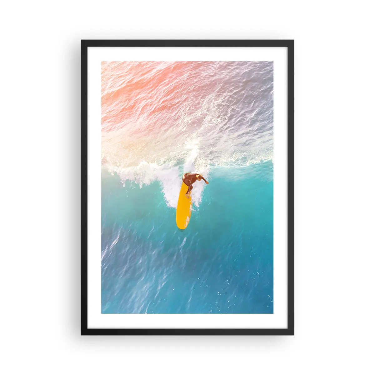 Pôster com moldura preta - Um surfista pegando uma onda sob os raios do sol poente - 50x70cm - Cavaleiro oceânico - Decoração de parede moderna para a sala de estar e quarto ARTTOR