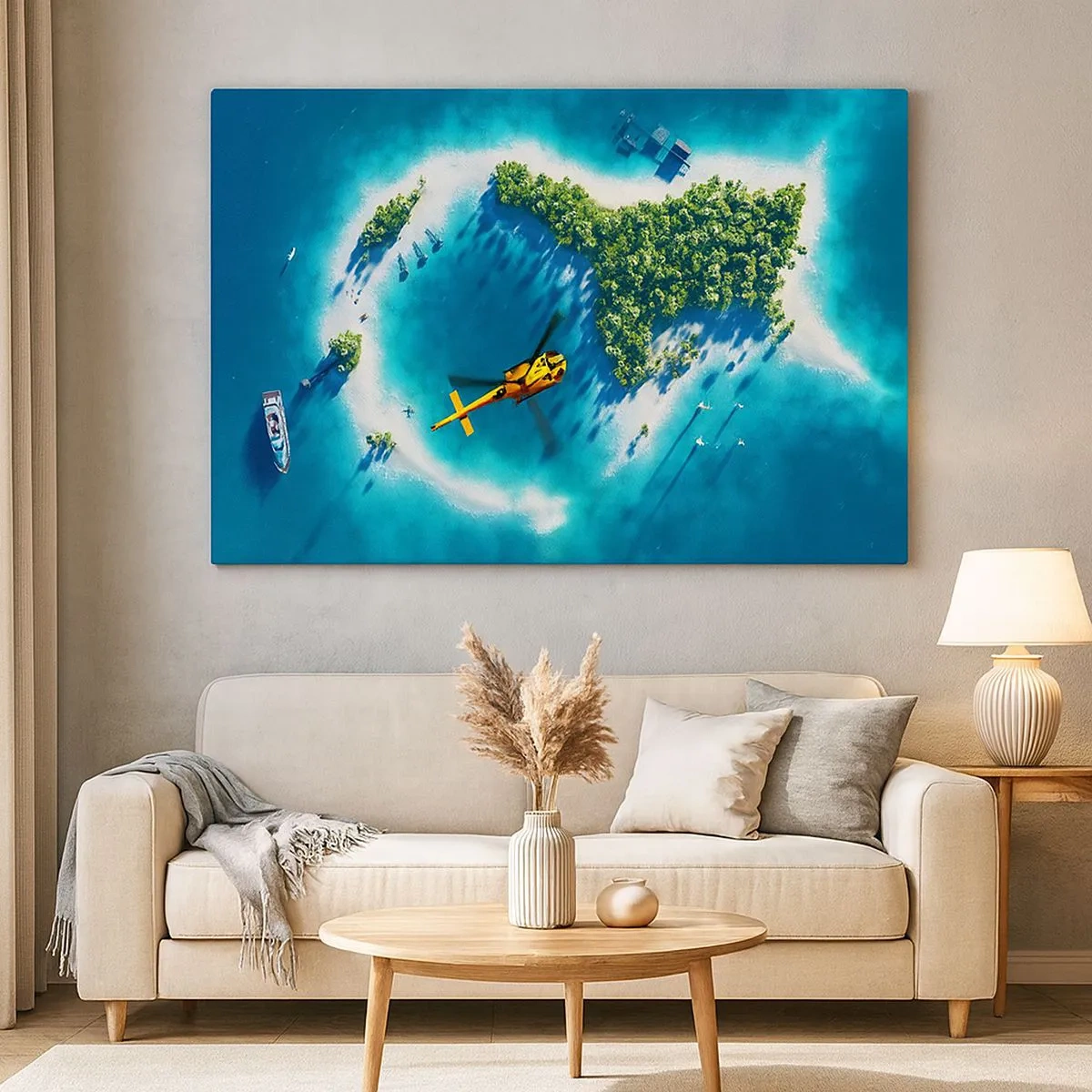Quadro em tela - Uma ilha tropical cercada por águas azul-turquesa com um helicóptero à vista - 70x50cm - Compre uma ilha para si - Decoração de parede moderna para a sala de estar e quarto ARTTOR