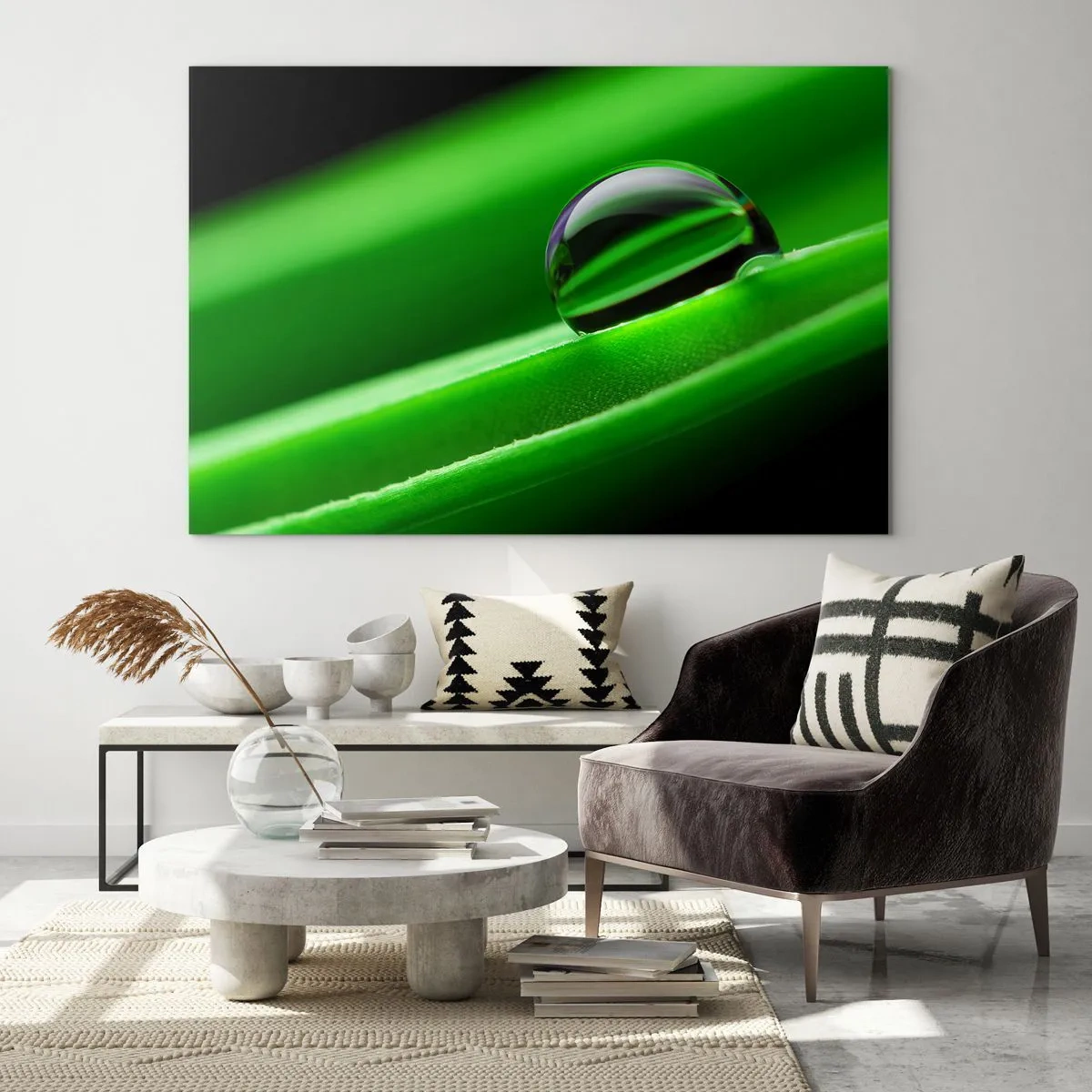 Quadro em vidro - Uma gota de orvalho em uma folha verde - 70x50cm - A vida de perto - Decoração de parede moderna para a sala de estar e quarto ARTTOR
