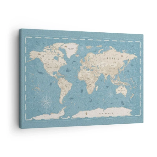 Quadro em tela - Mapa-múndi decorativo em tons de azul e bege - 70x50cm - O mundo ao seu alcance - Decoração de parede moderna para a sala de estar e quarto ARTTOR
