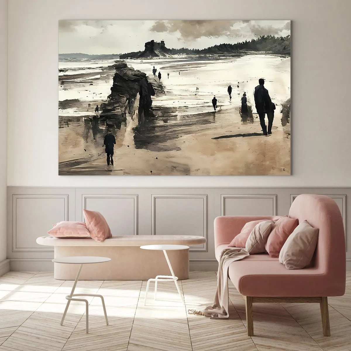 Quadro em vidro - Silhuetas caminhando em uma ampla praia sob um céu nublado - 70x50cm - Convocados - Decoração de parede moderna para a sala de estar e quarto ARTTOR
