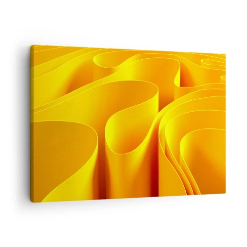 Quadro em tela - Ondas abstratas amarelas que lembram raios de sol - 70x50cm - Como as ondas do sol - Decoração de parede moderna para a sala de estar e quarto ARTTOR