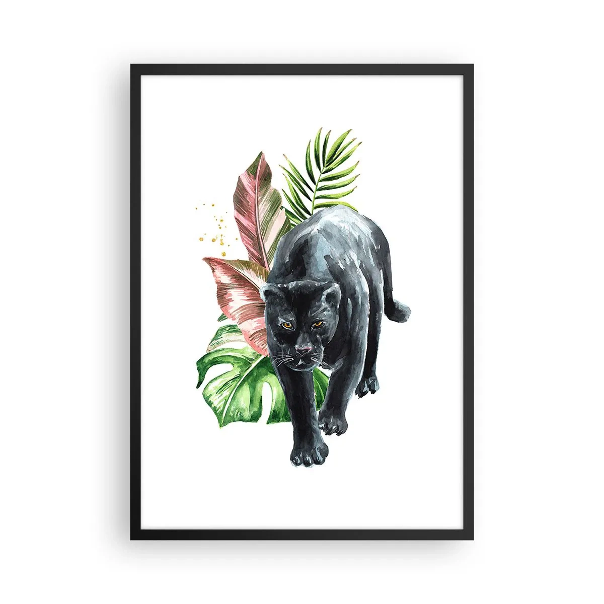 Pôster com moldura preta - Pantera negra contra um fundo de folhas tropicais - 50x70cm - Coração selvagem - Decoração de parede moderna para a sala de estar e quarto ARTTOR