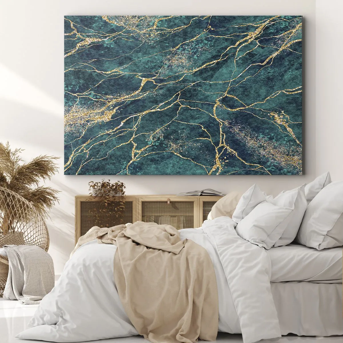 Quadro em tela - Padrão de mármore texturizado em tons de turquesa e dourado - 70x50cm - Veia dourada - Decoração de parede moderna para a sala de estar e quarto ARTTOR