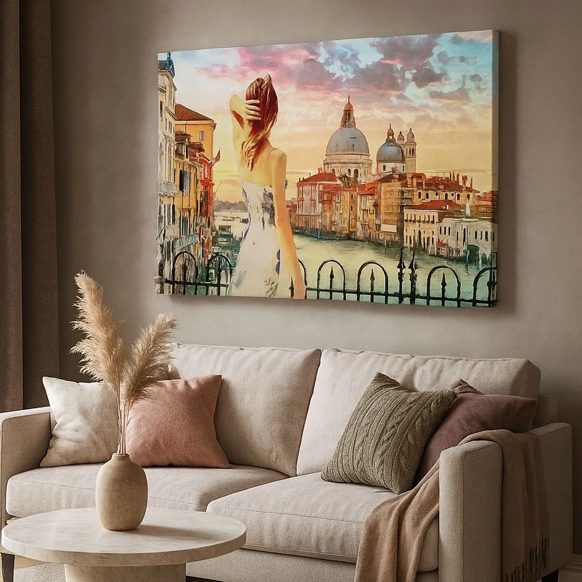 Quadro em tela - Uma mulher admirando a paisagem pitoresca junto ao canal - 70x50cm - Aventura de verdade somente em ... - Decoração de parede moderna para a sala de estar e quarto ARTTOR