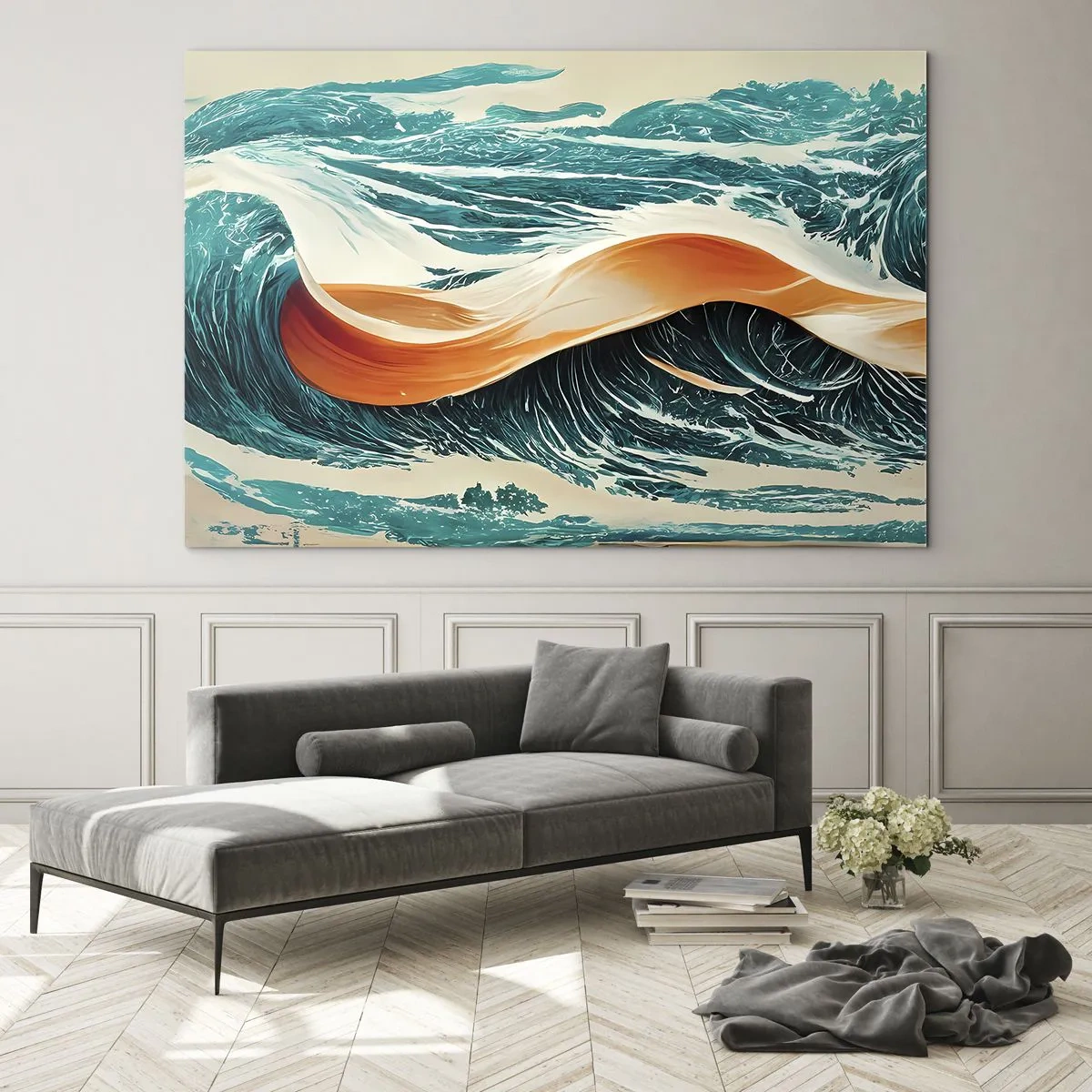 Quadro em vidro - Ondas turquesa com uma fita laranja em um estilo surreal - 70x50cm - O sonho de um surfista - Decoração de parede moderna para a sala de estar e quarto ARTTOR