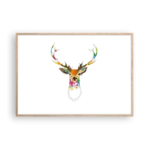 Pôster com moldura de carvalho claro - Um cervo gentil banhado em cores - 100x70 cm