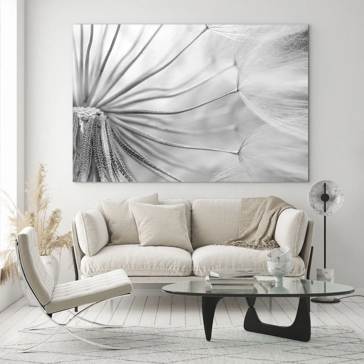 Quadro em vidro - Macrofotografia de um dente-de-leão em tons de preto e branco - 70x50cm - Dentes de leão, pipas - Decoração de parede moderna para a sala de estar e quarto ARTTOR